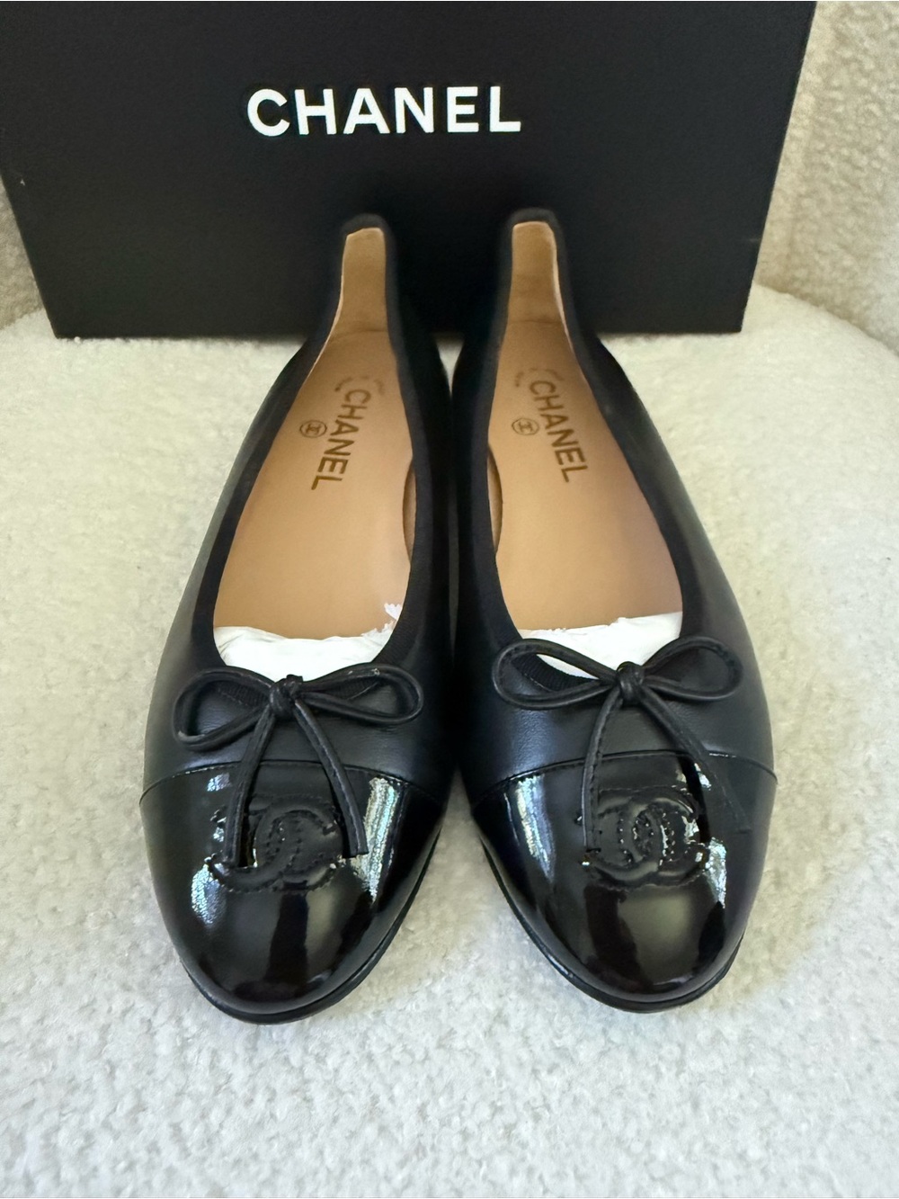 CHANEL Black Leather Ballet Flats